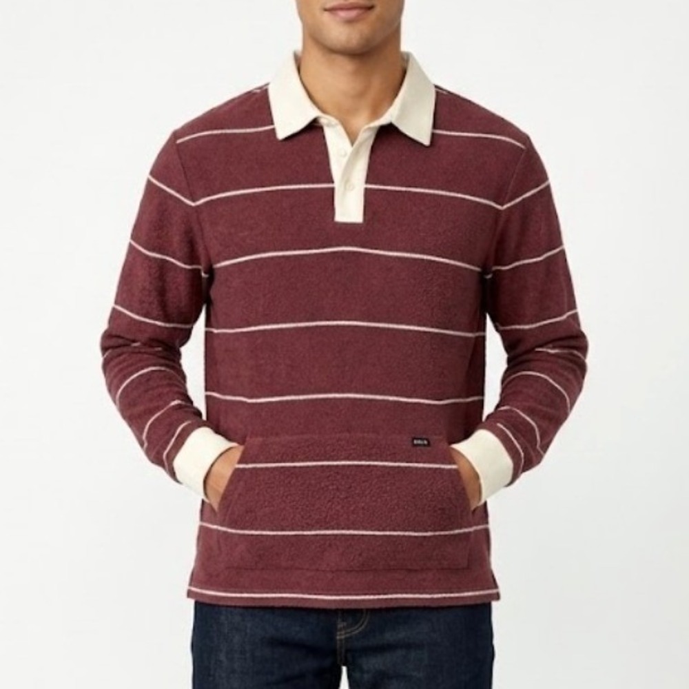 RVCA Mens Rugby Polo Shirt Small Burgundy Striped Long Sleeve Kangaroo Pocket